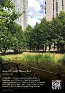 Poster of Queen Elizabeth Olympic Park in London, UK. Image shows a wetland with residential buildings in the background. Text reads 'Provided 35km of pathways and cycleways, 6.5km of waterways, over 100 hectares (ha) of land capable of designation as Metropolitan Open Land, 45ha of Biodiversity Action Plan Habitat, 4,000 trees, playgrounds and a park suitable for year-round events and sporting activities'. Image by Helen Pineo.